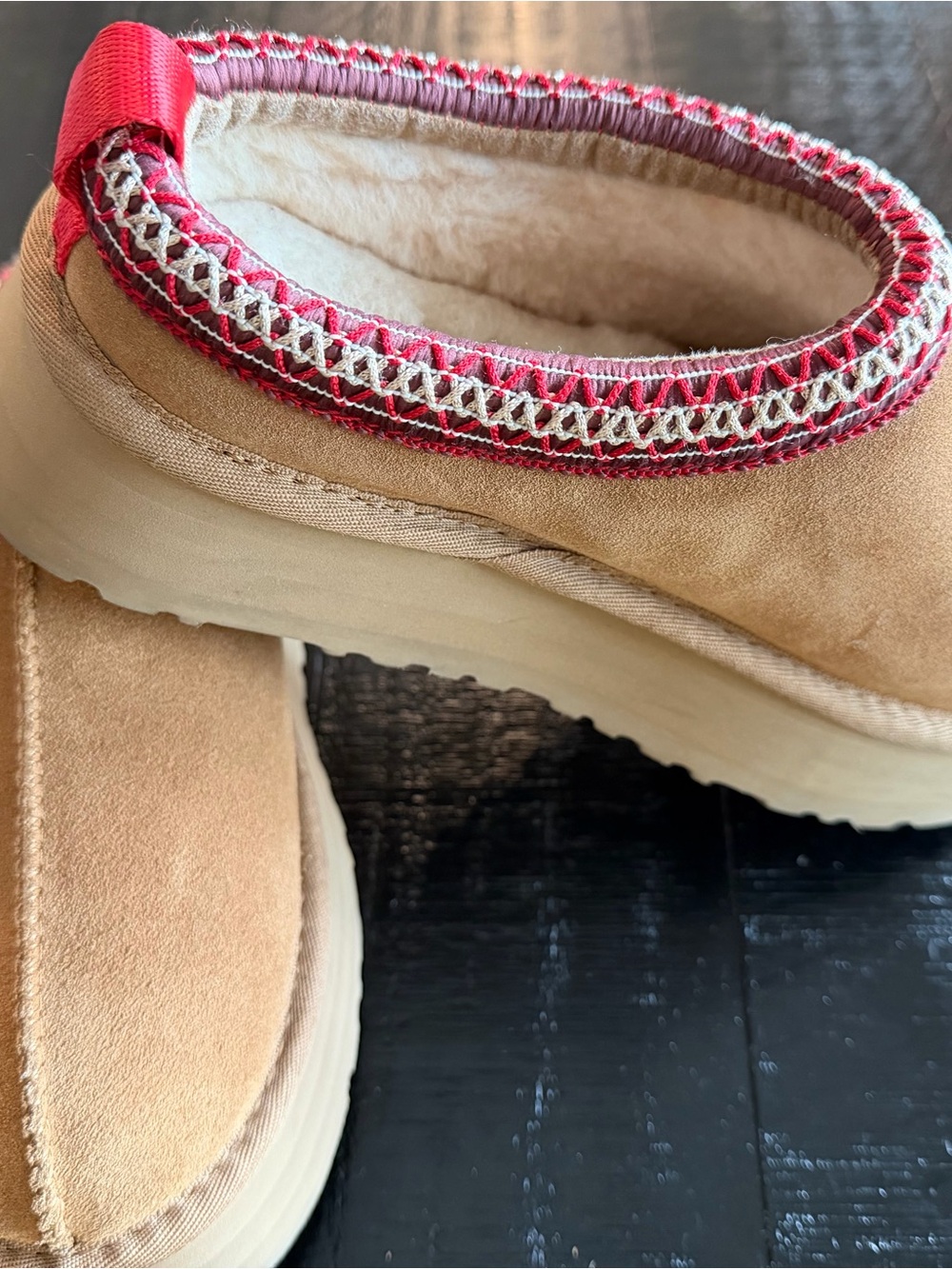 UGG Tan Slip-On Slippers with Red and Cream Trim
